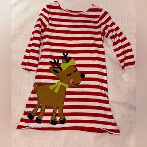 Red and White Striped Dress with Reindeer Design